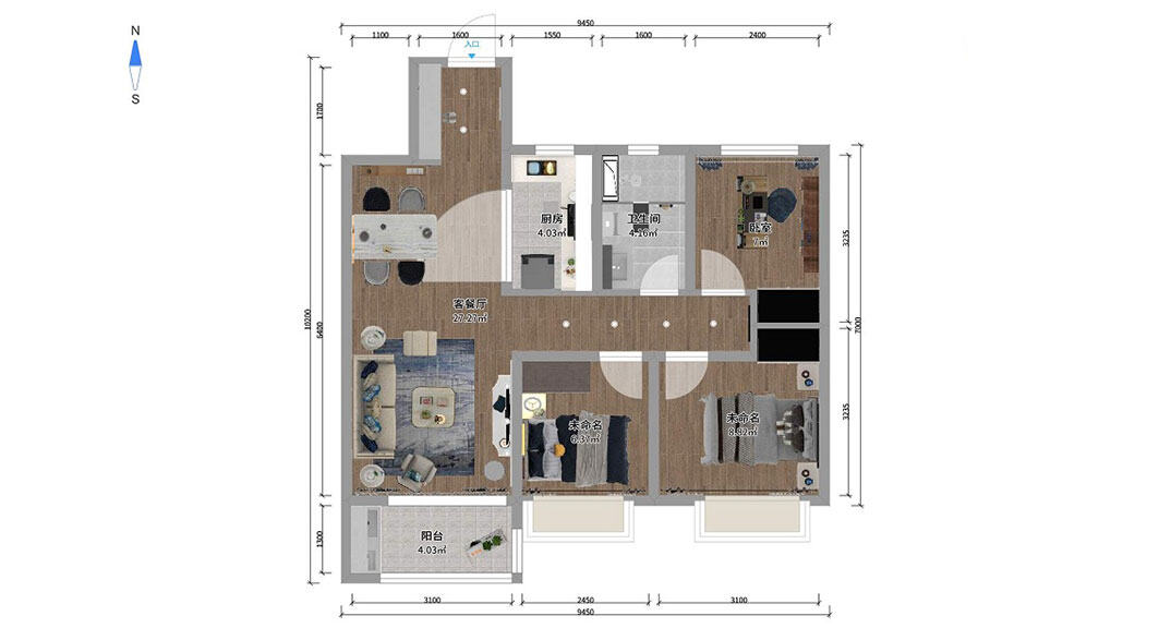 衡山學府110㎡三室一廳戶型平面布局圖.jpg